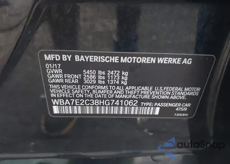 2017 BMW 740I из США, поврежденный, VIN WBA7E2C38HG741062